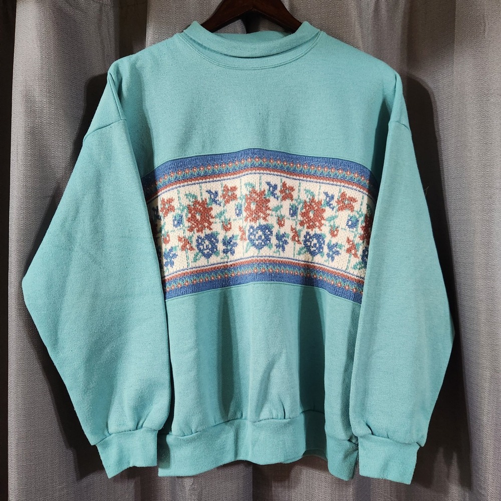 Vintage Act III Teal Floral Knit Panel Sweatshirt Made in USA Size M 90s Retro
